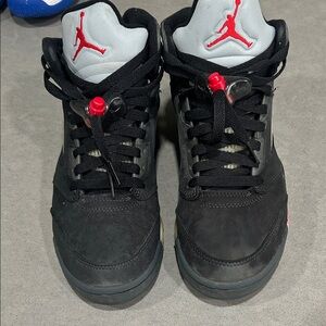 Jordan Men's Black and Gray Sneakers with Red Accents